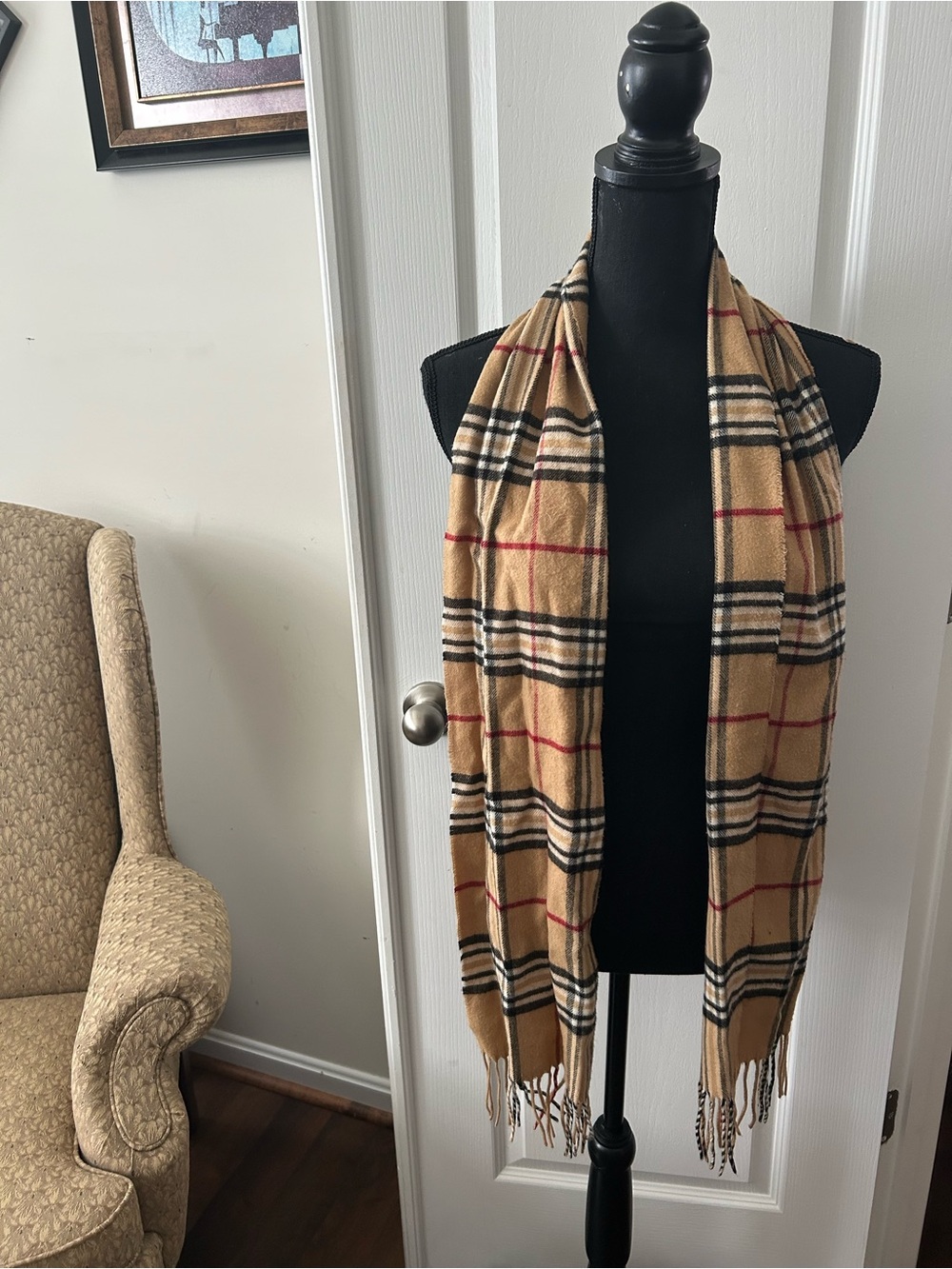 Classic Plaid Fringe Scarf in Camel